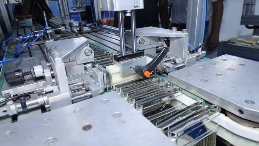 Steel ferrules lined up on a conveyor